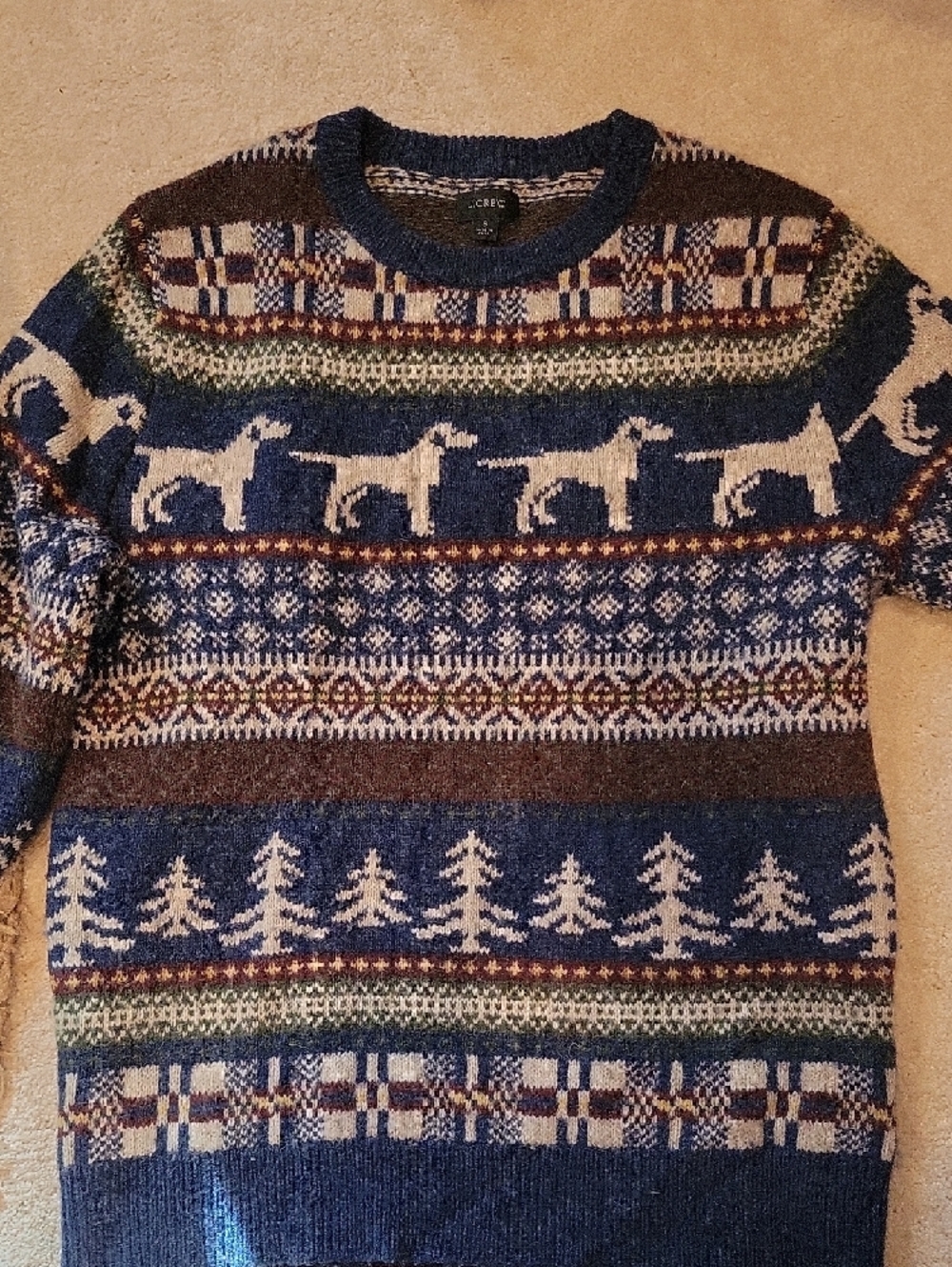 J. Crew Men’s S Navy Blue Fair Isle Crewneck Sweater with White Dog Motif - Picture 5 of 5
